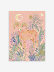 Aries Ram poster illustration with a golden ram surrounded by pink and green botanical elements and celestial moons and stars.