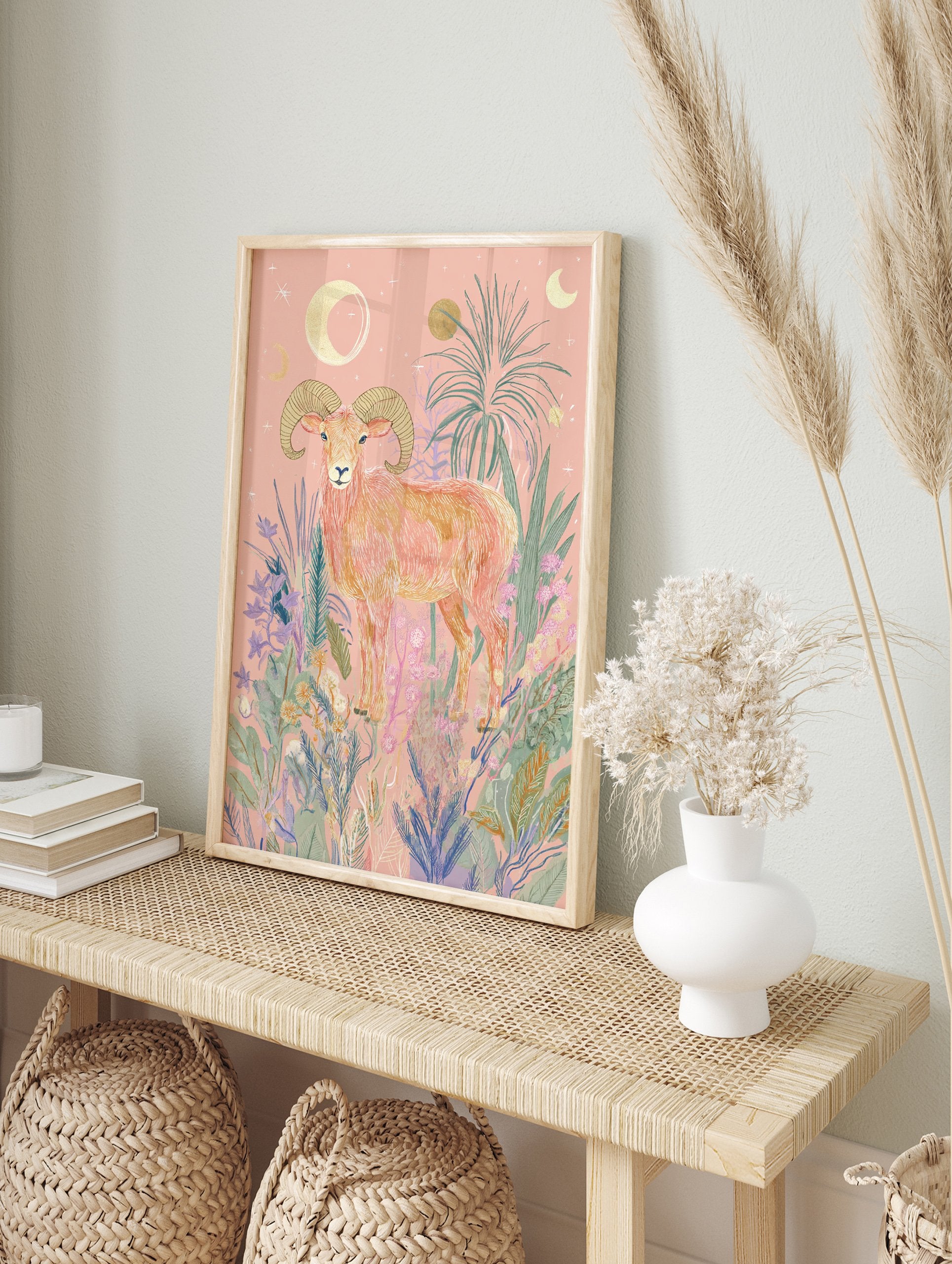 Aries Ram poster illustration with a golden ram surrounded by pink and green botanical elements and celestial moons and stars. - Image 4