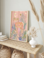 Aries Ram poster illustration with a golden ram surrounded by pink and green botanical elements and celestial moons and stars. - Image 4