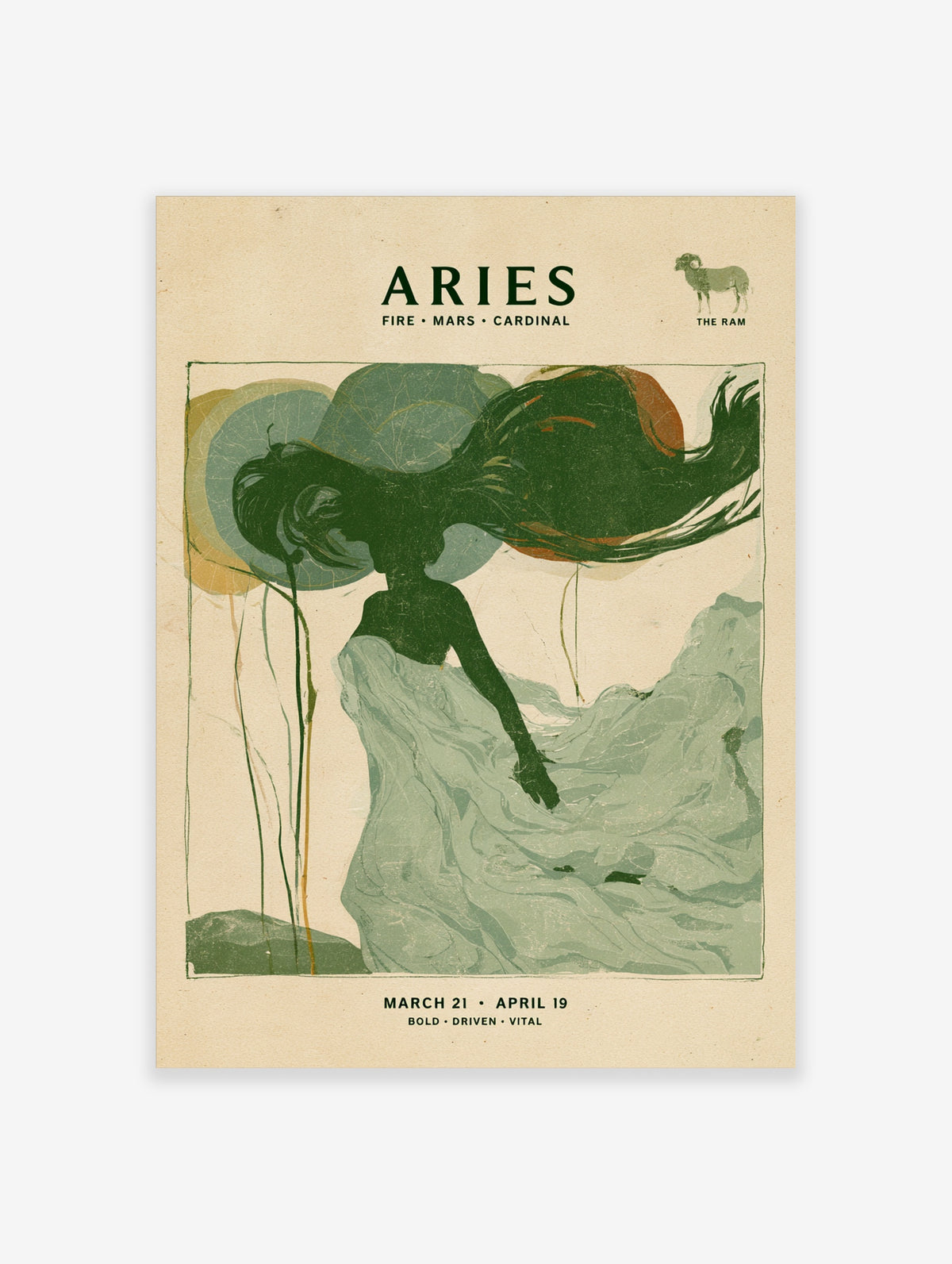 Aries zodiac poster with green silhouette figure, swirling hair, abstract circles, and ARIES typography