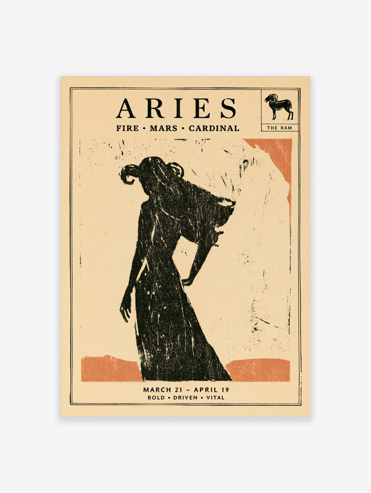Aries zodiac poster with black silhouette figure, ram horns, beige background, and orange accents