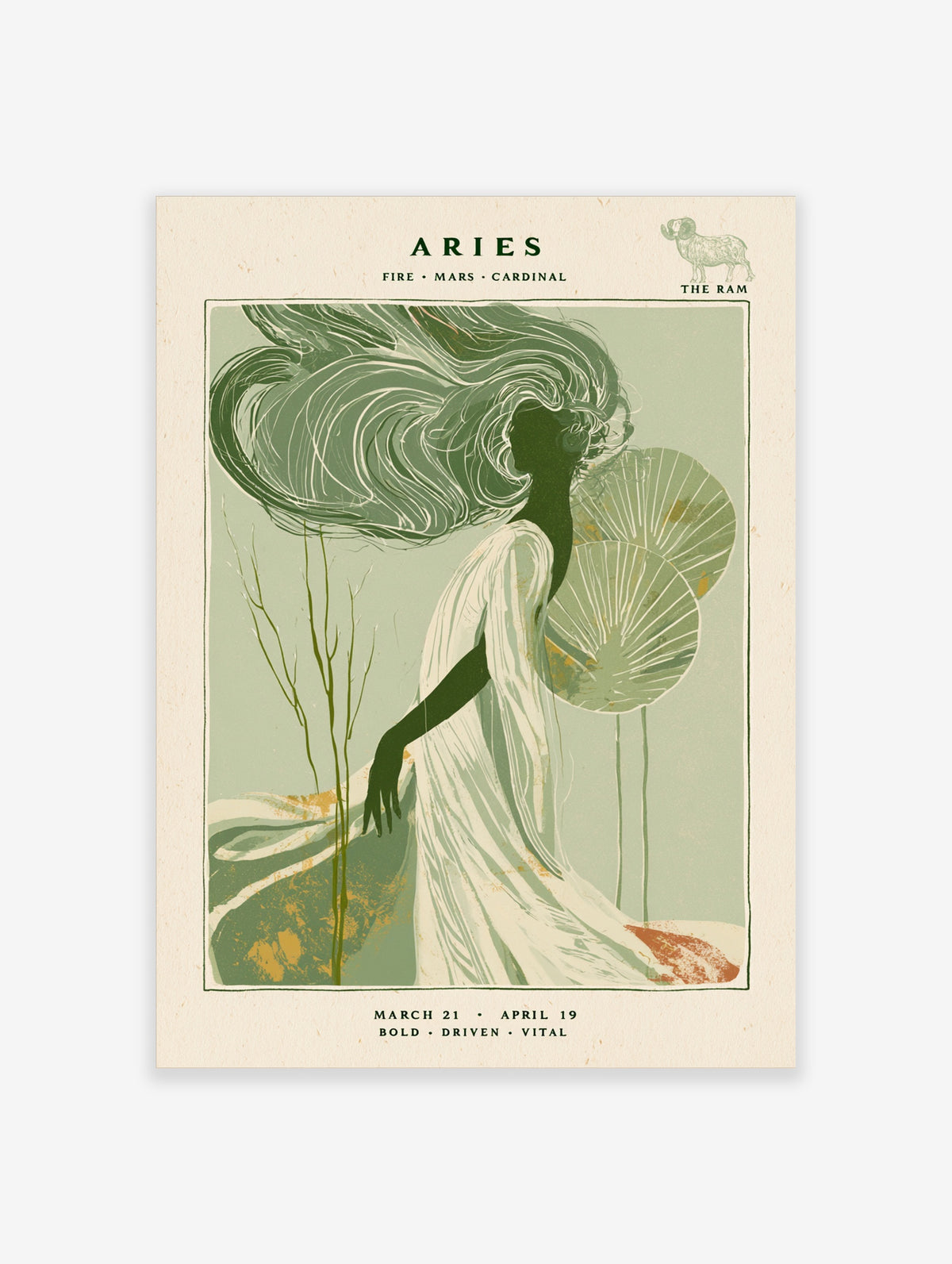 Aries zodiac art print with green silhouette figure, flowing hair, fan palm leaves, and Aries typography