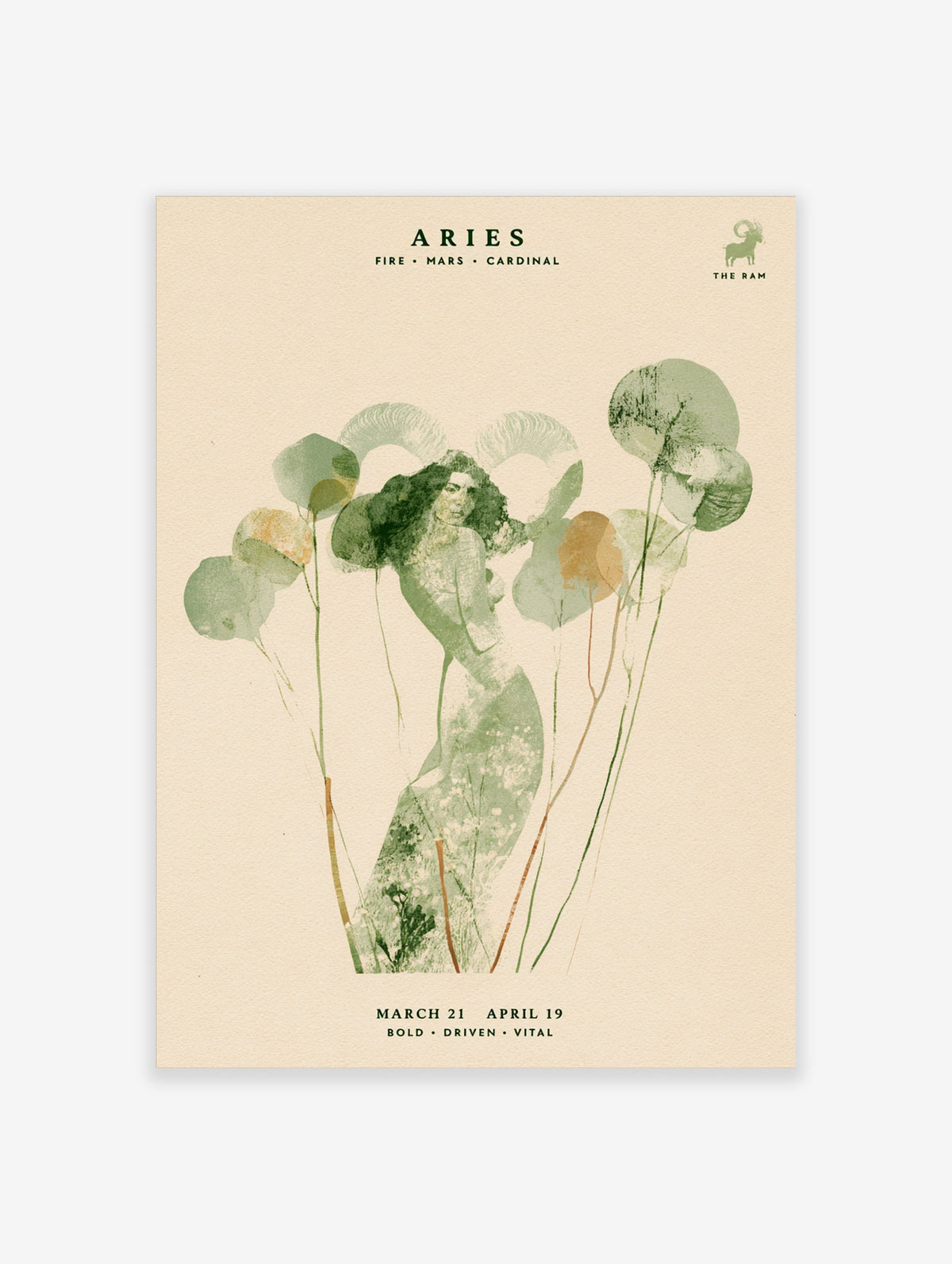 Aries zodiac art print with green celestial woman, botanical stems, and astrology typography