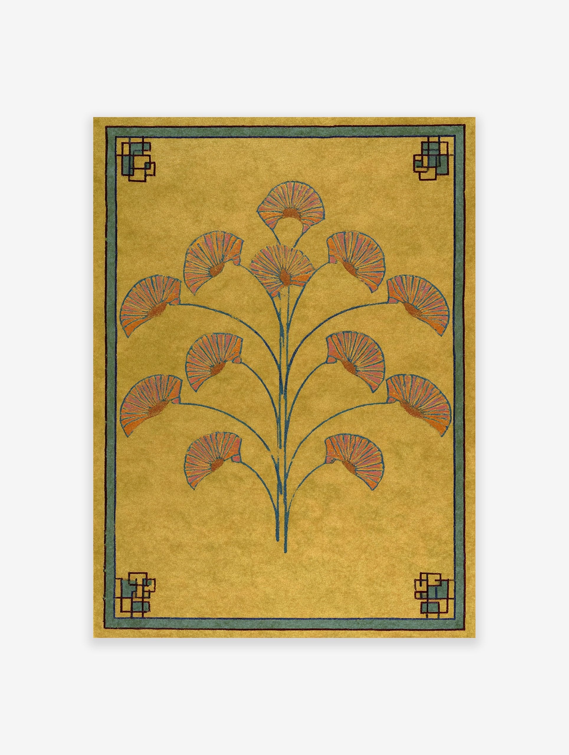 Art Deco botanical fan poster with stylized orange and blue fan flowers on a yellow background and geometric border.