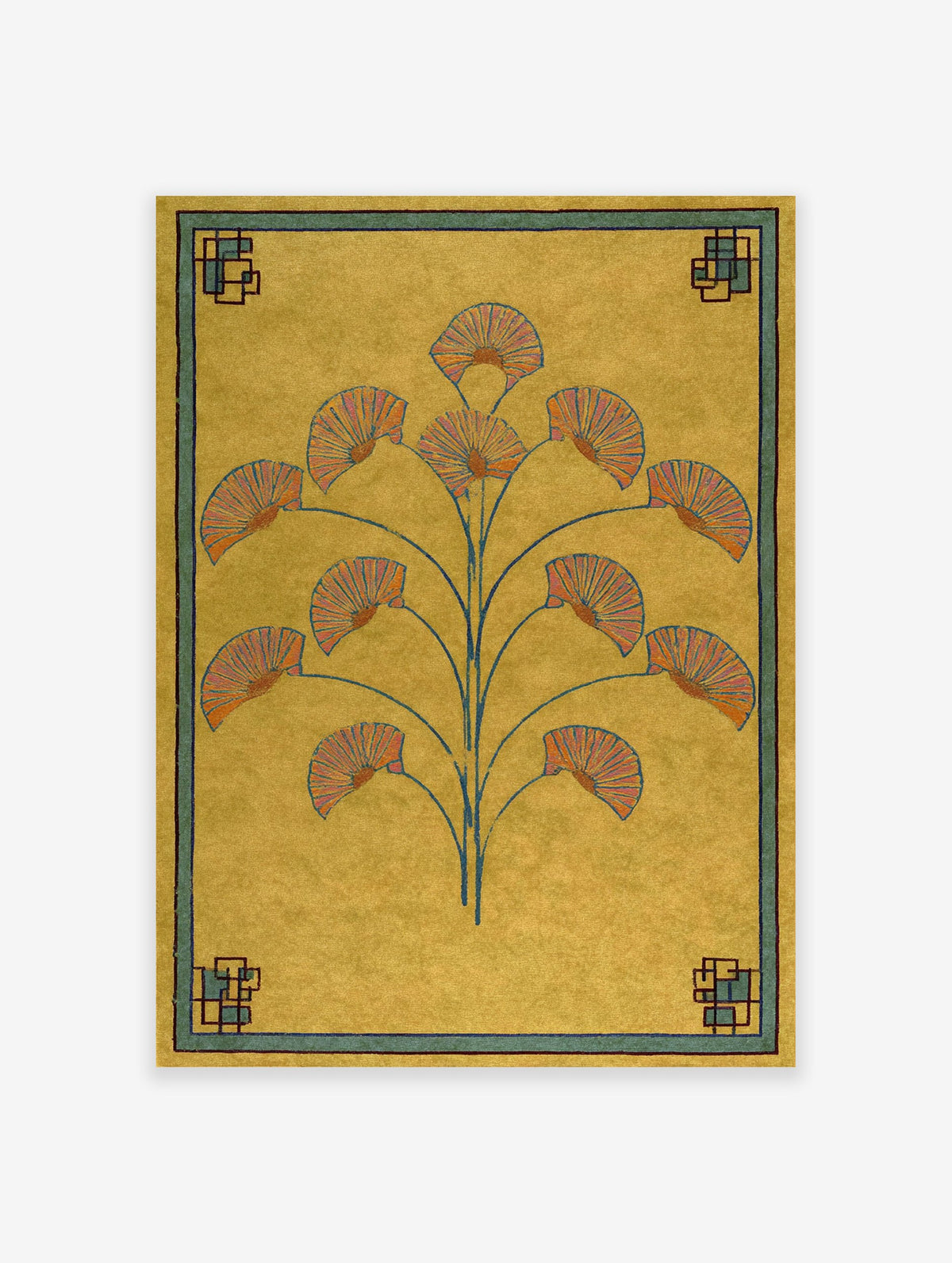 Art Deco botanical fan poster with stylized orange and blue fan flowers on a yellow background and geometric border.