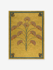 Art Deco botanical fan poster with stylized orange and blue fan flowers on a yellow background and geometric border.