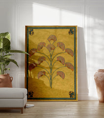 Art Deco botanical fan poster with stylized orange and blue fan flowers on a yellow background and geometric border. - Image 3
