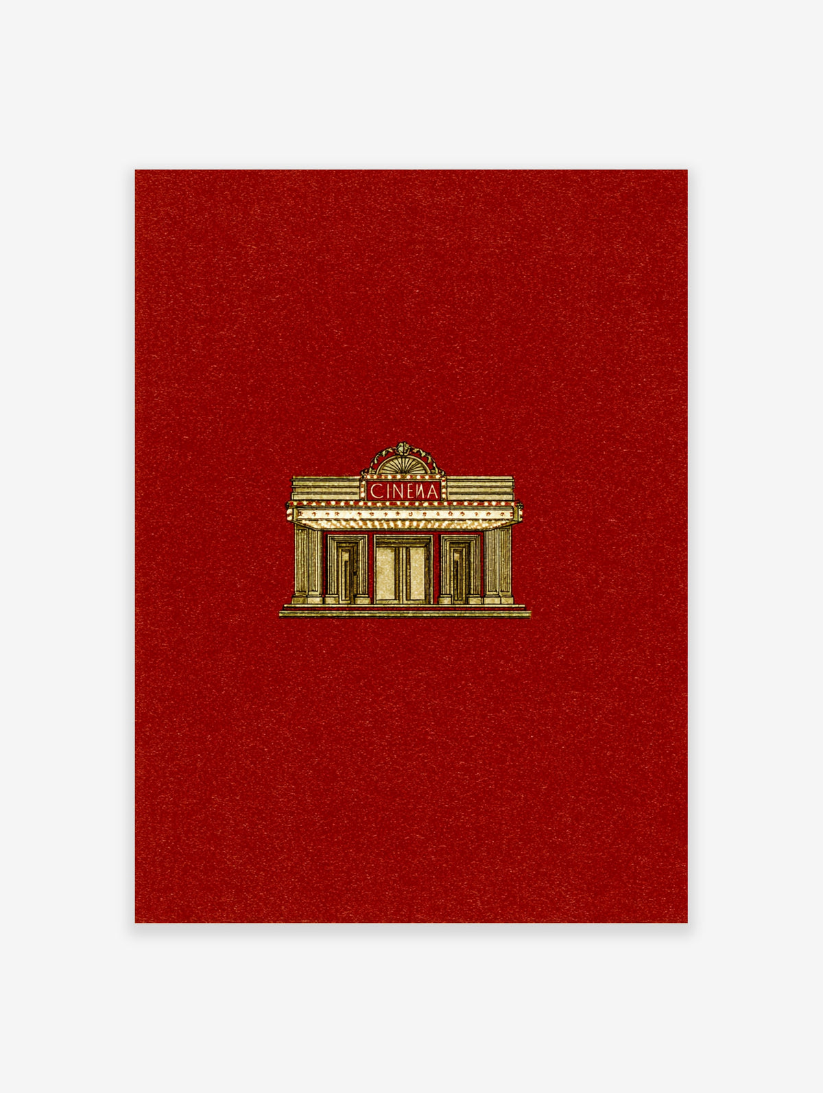 Art Deco cinema facade with gold columns and CINEMA sign on red background