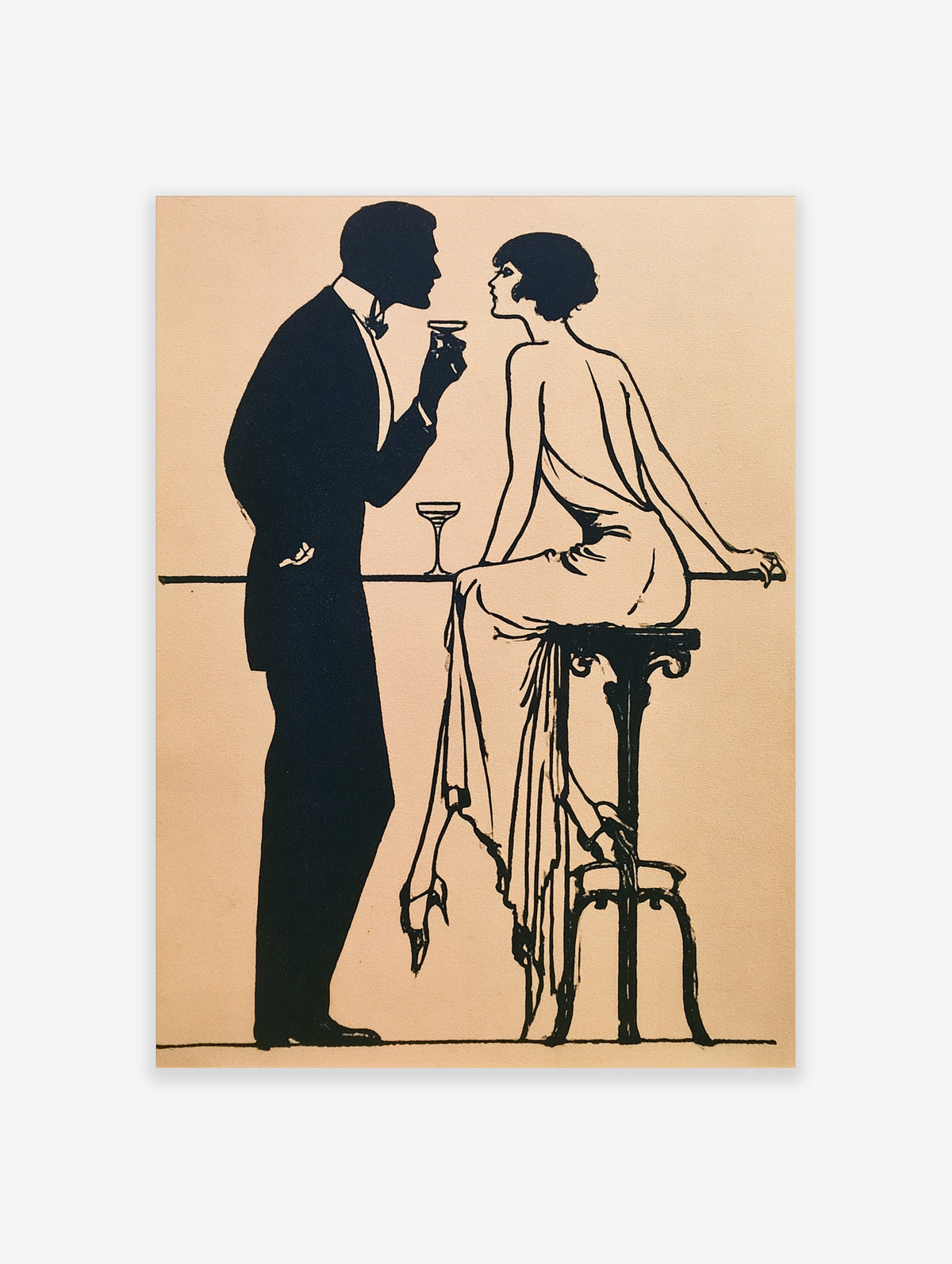 Art Deco couple poster with black silhouette of man and woman at a bar with cocktail glass on beige background