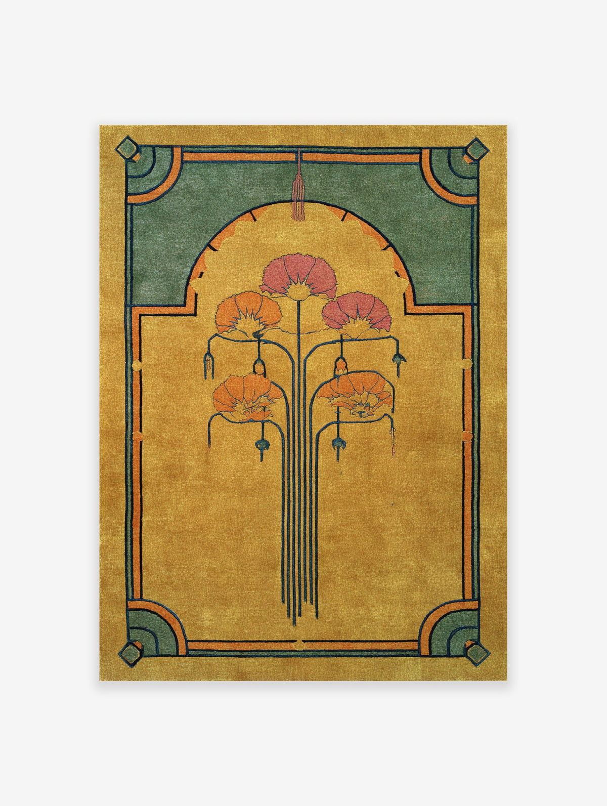 Art Deco floral rug in gold, green, and orange with stylized flower design and geometric border.