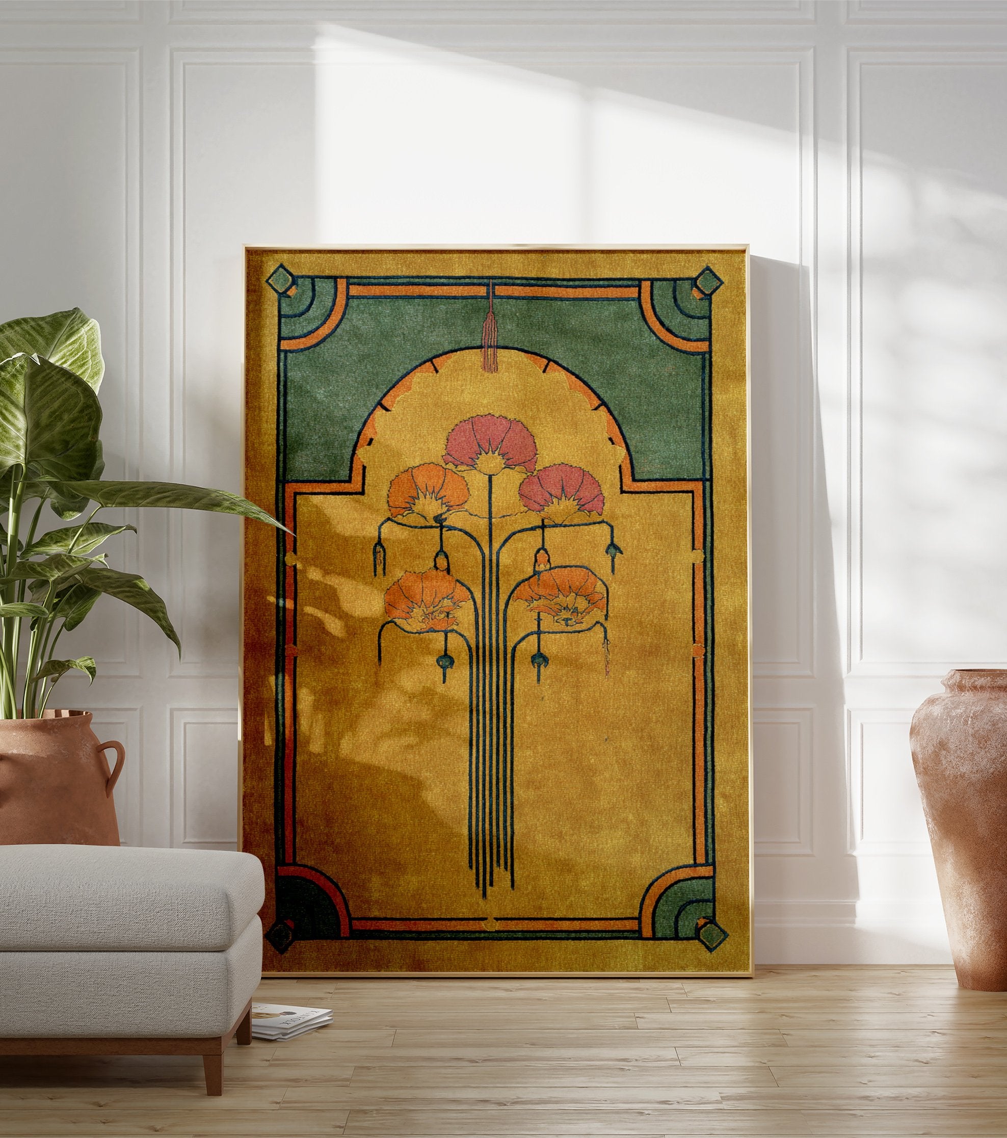 Art Deco floral rug in gold, green, and orange with stylized flower design and geometric border. - Image 3
