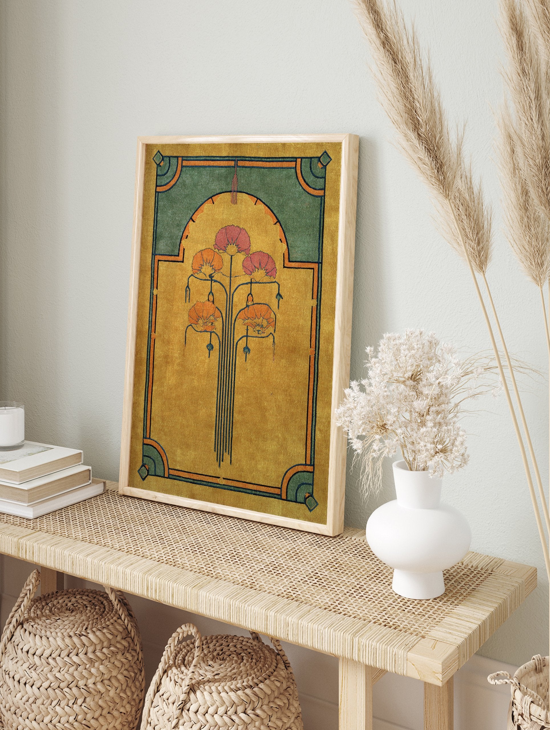 Art Deco floral rug in gold, green, and orange with stylized flower design and geometric border. - Image 4