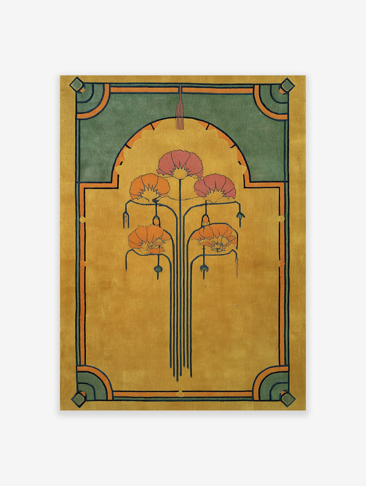 Art Deco floral wall art print with stylized orange and pink flowers on green and gold background