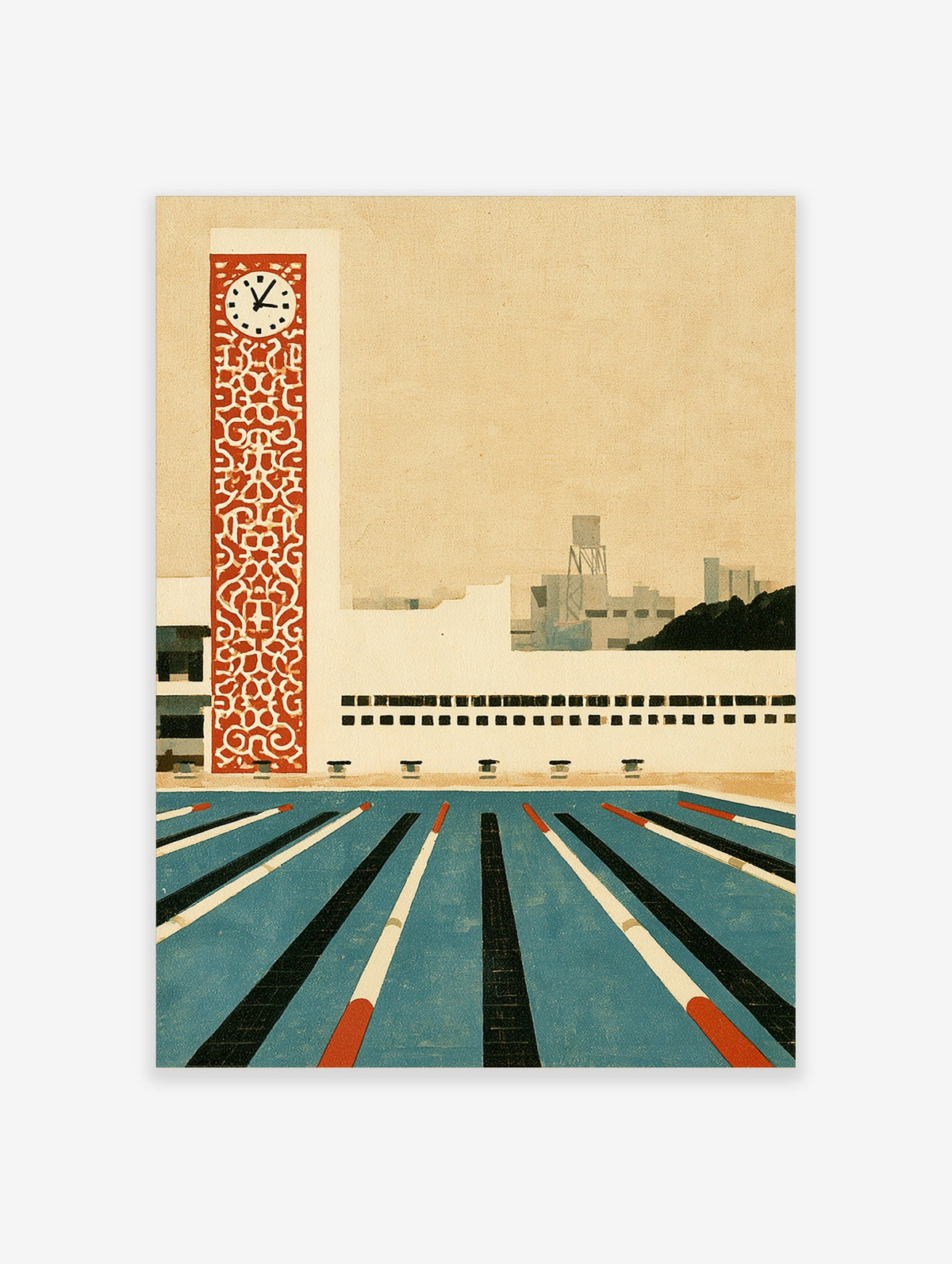 Art Deco lido poster with red clock tower, blue pool lanes, and white diving blocks