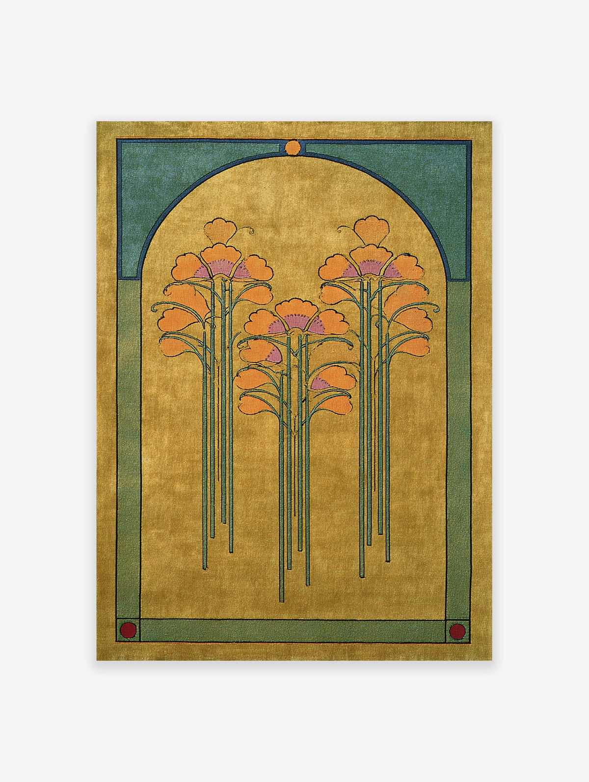Art Nouveau botanical poster featuring stylized orange flowers in a golden yellow archway with teal borders.