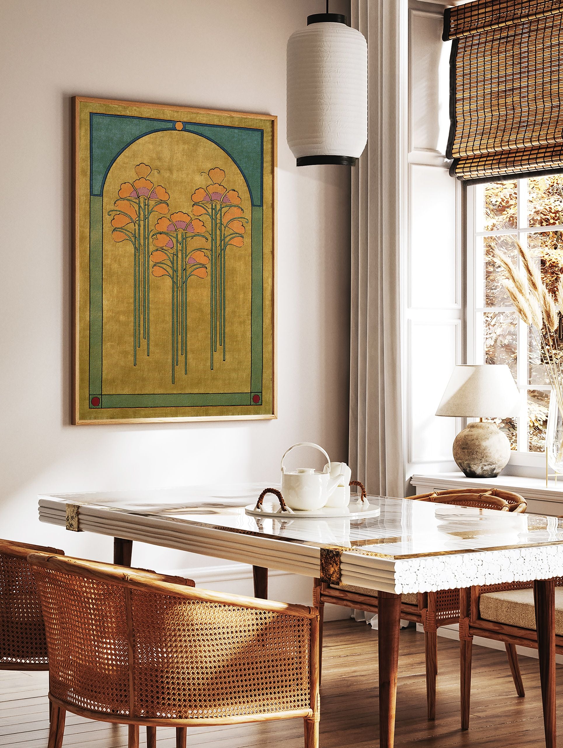 Art Nouveau botanical poster featuring stylized orange flowers in a golden yellow archway with teal borders. - Image 2