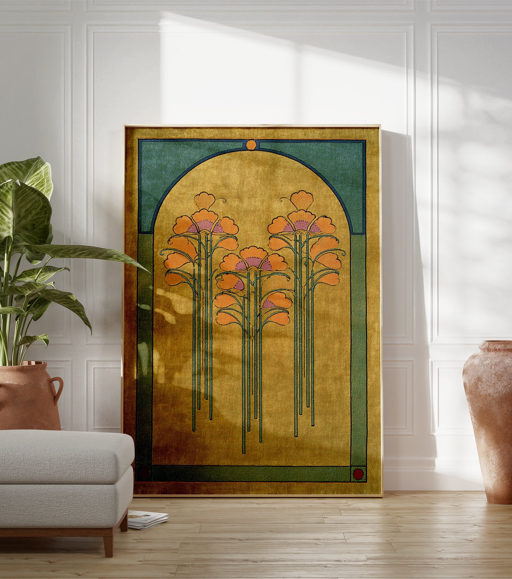Art Nouveau botanical poster featuring stylized orange flowers in a golden yellow archway with teal borders. - Image 3