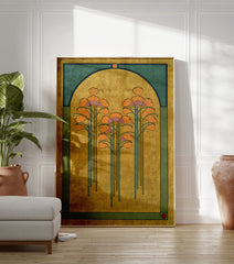 Art Nouveau botanical poster featuring stylized orange flowers in a golden yellow archway with teal borders. - Image 3