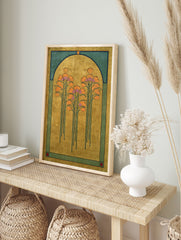 Art Nouveau botanical poster featuring stylized orange flowers in a golden yellow archway with teal borders. - Image 4