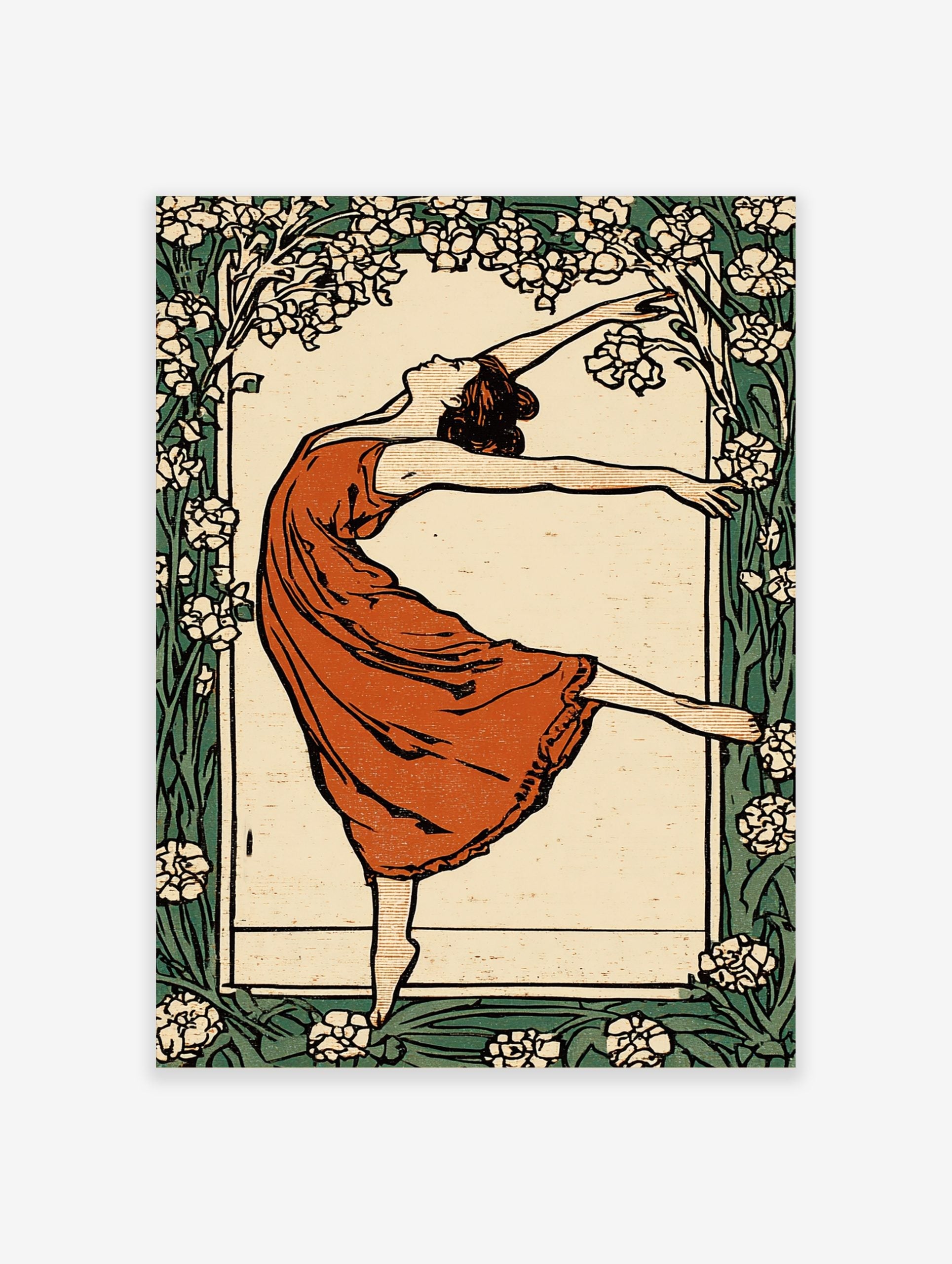 Art Nouveau dancer in terracotta dress, arms outstretched, framed by white and green floral border