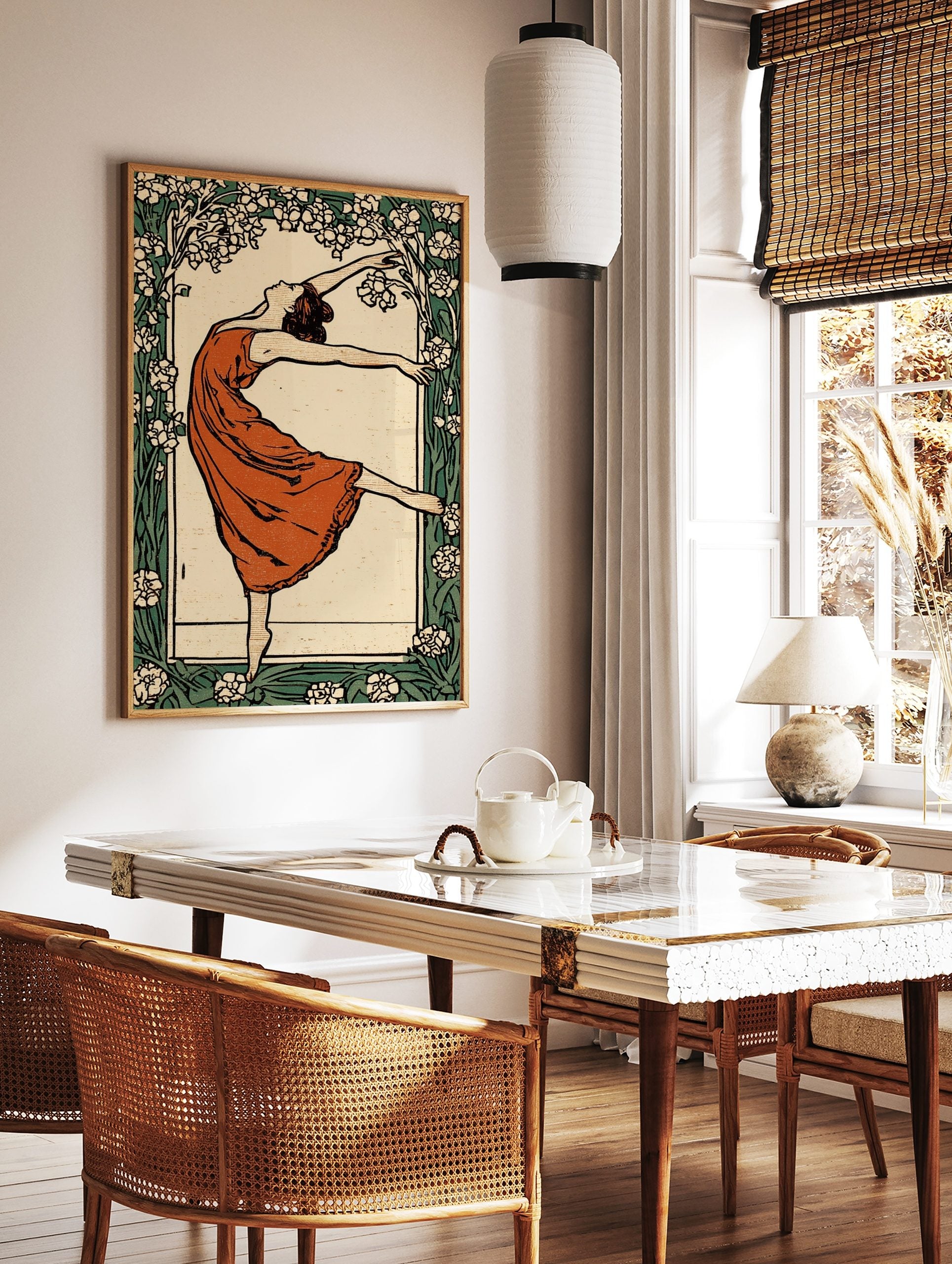 Art Nouveau dancer in terracotta dress, arms outstretched, framed by white and green floral border, in a styled room mockup