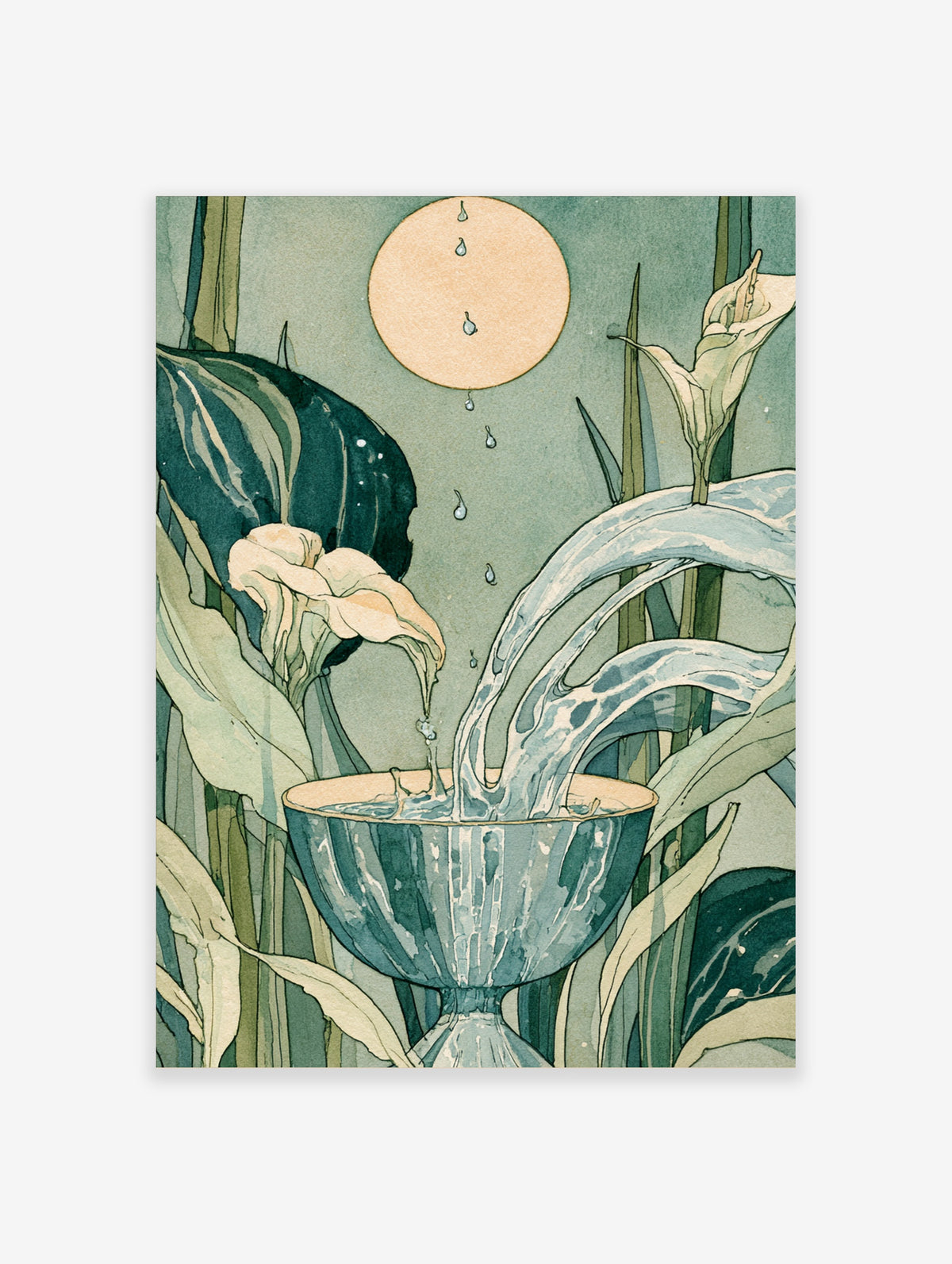 Art Nouveau water poster with calla lily, flowing streams into a blue bowl and pale sun