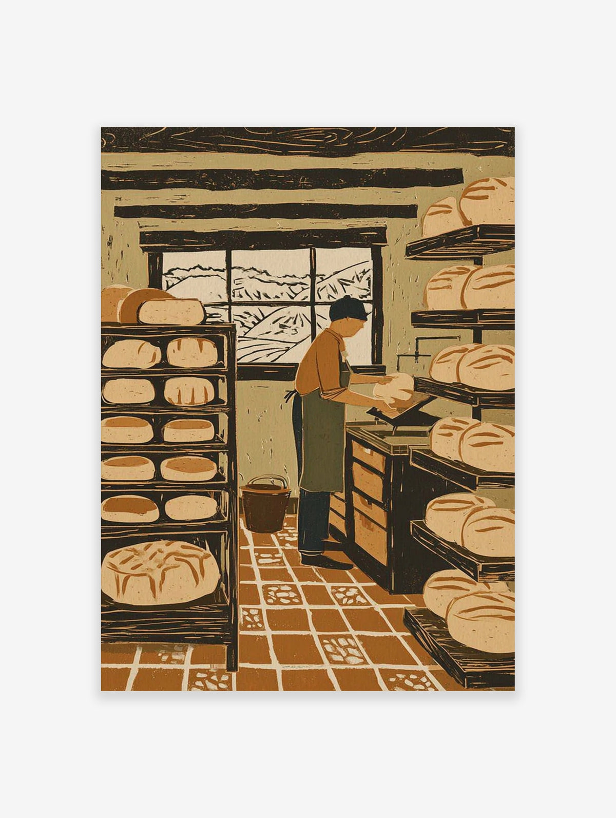 Artisan bakery poster with baker arranging bread loaves on wooden shelves, window view of fields, rustic kitchen wall art