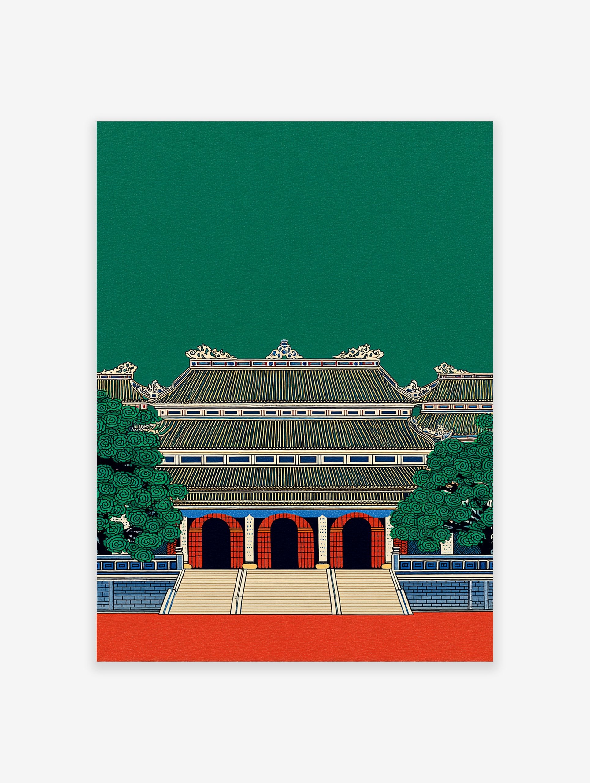 Asian architecture wall art print of a traditional green and red temple with intricate roof details and trees.