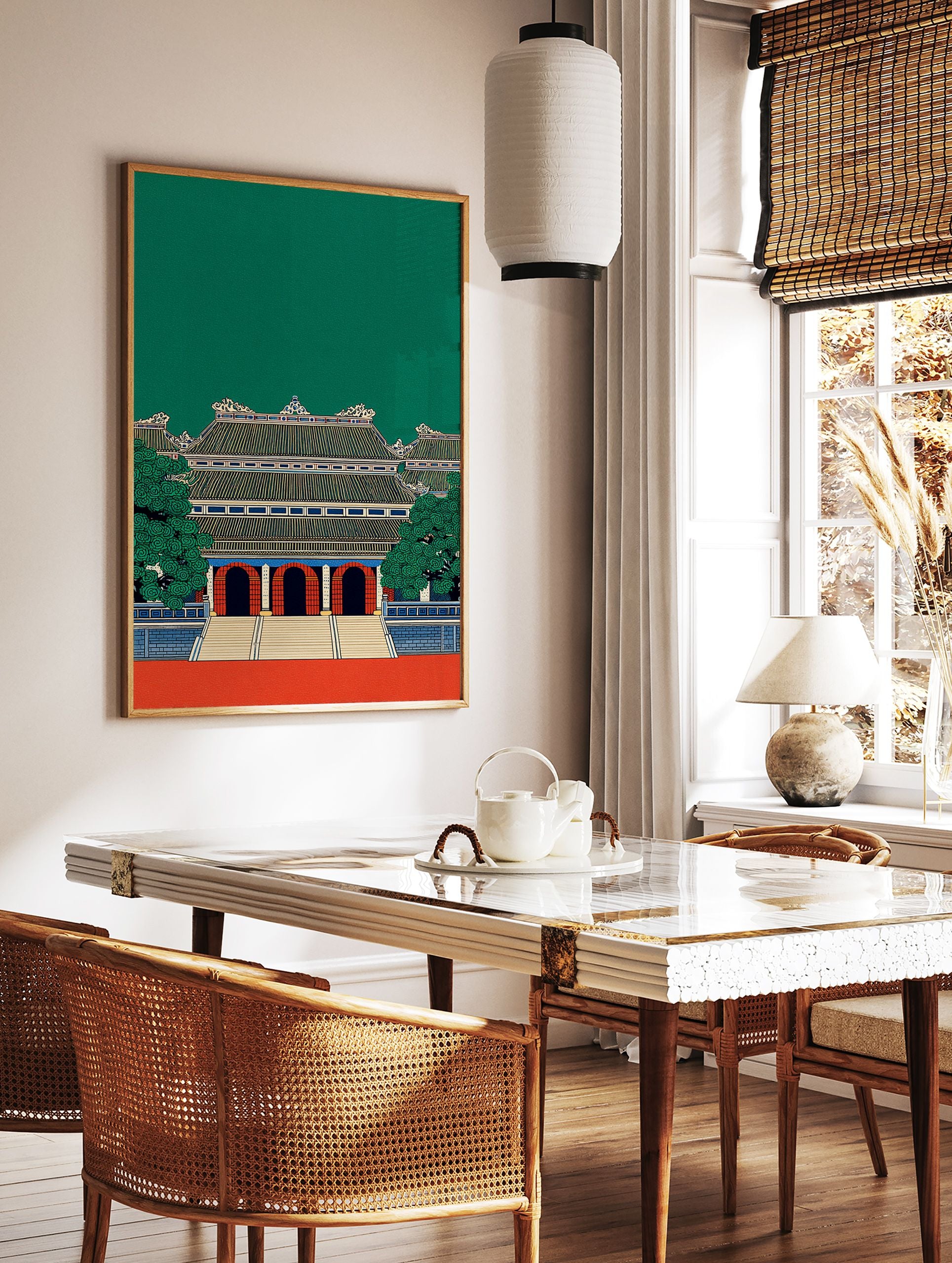 Asian architecture wall art print of a traditional green and red temple with intricate roof details and trees. - Image 2