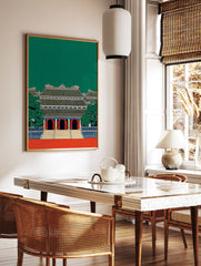 Asian architecture wall art print of a traditional green and red temple with intricate roof details and trees. - Image 2