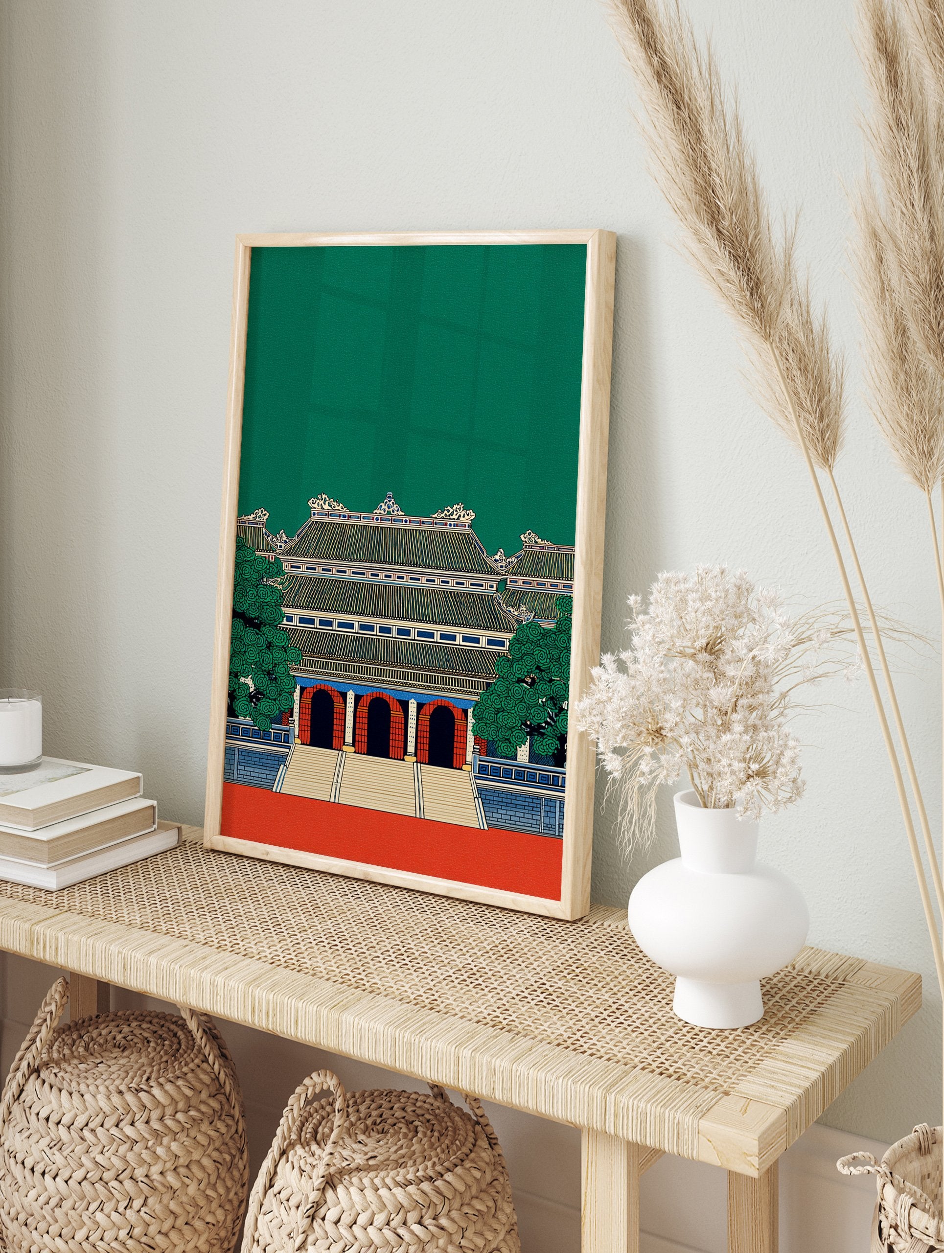 Asian architecture wall art print of a traditional green and red temple with intricate roof details and trees. - Image 3