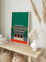 Asian architecture wall art print of a traditional green and red temple with intricate roof details and trees. - Image 3