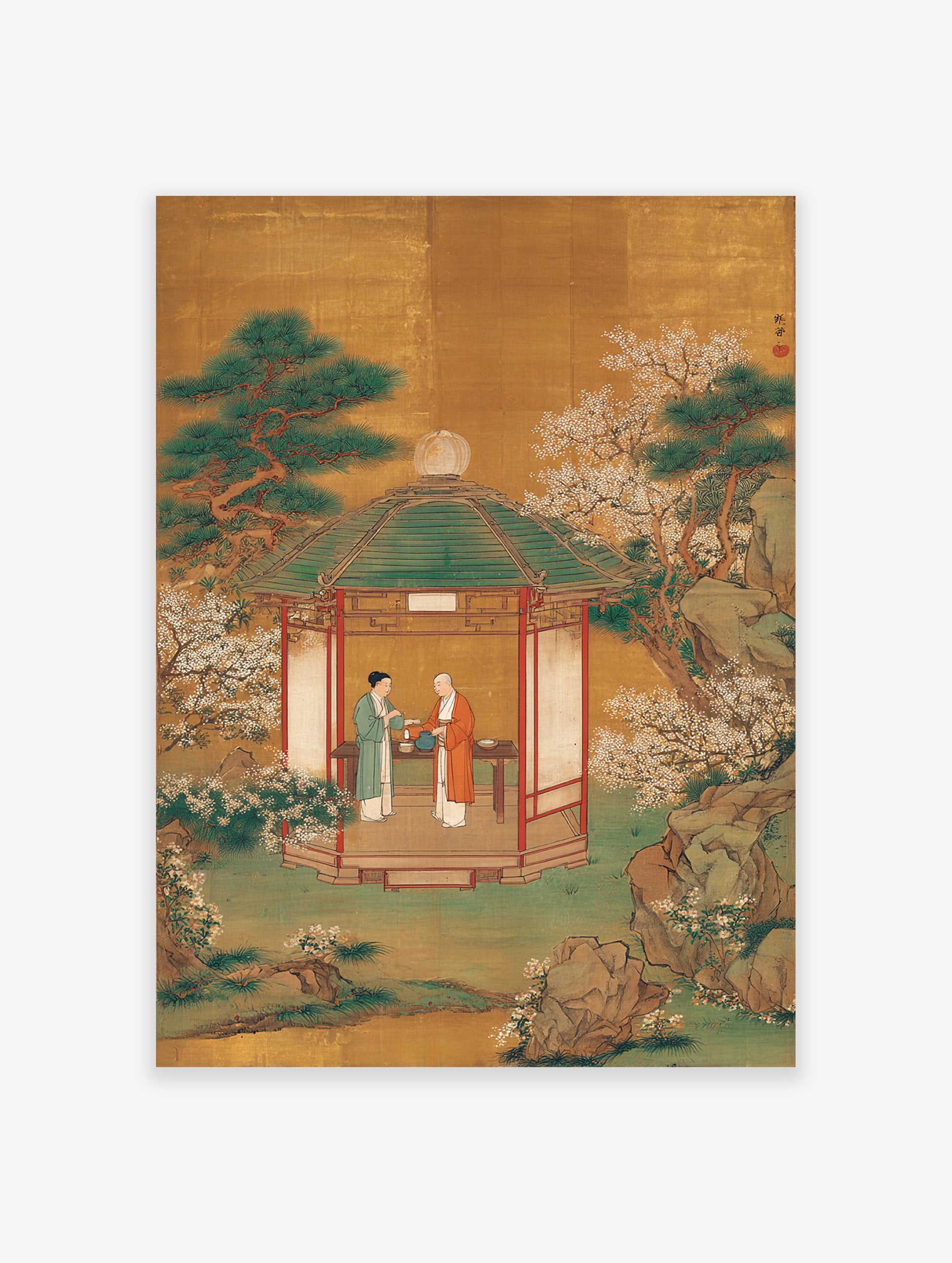Asian art poster showing two figures in a pavilion with pine trees, white blossoms, and a gold background, depicting a tea ceremony.