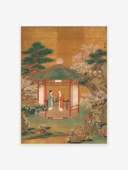 Asian art poster showing two figures in a pavilion with pine trees, white blossoms, and a gold background, depicting a tea ceremony.