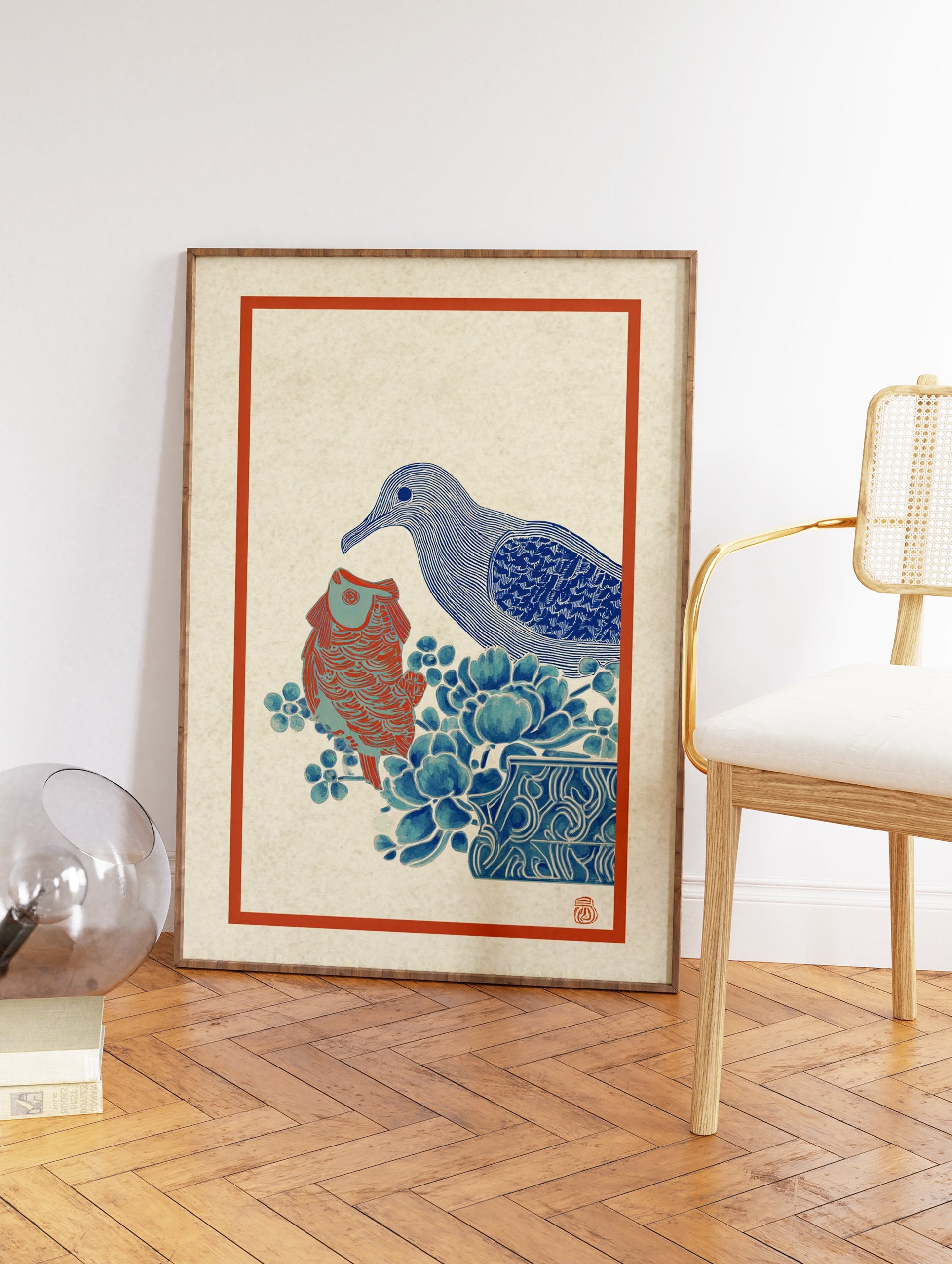 Asian illustrative wall art print depicting a blue bird, a red fish, and blue floral motifs in a decorative pot. - Image 2