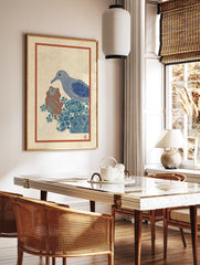 Asian illustrative wall art print depicting a blue bird, a red fish, and blue floral motifs in a decorative pot. - Image 3
