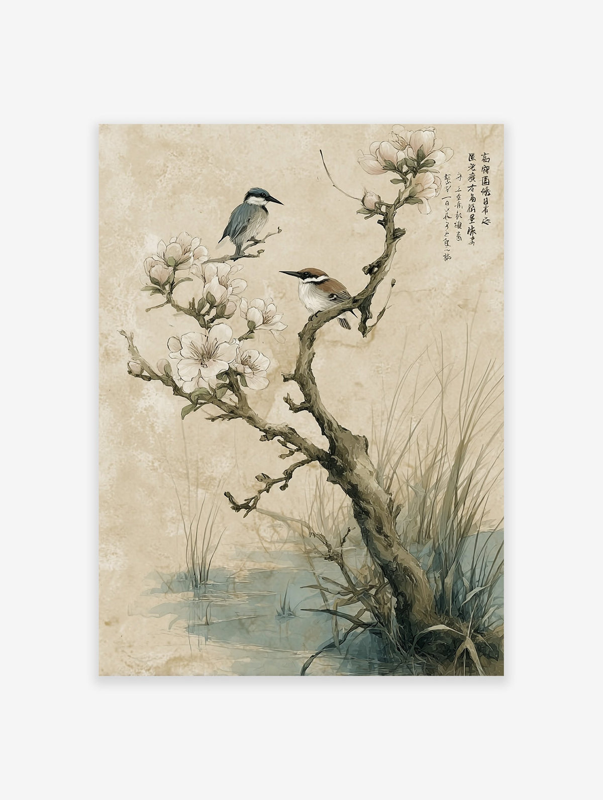 Asian bird and floral wall art print with two birds on a blossoming tree branch over a pond.