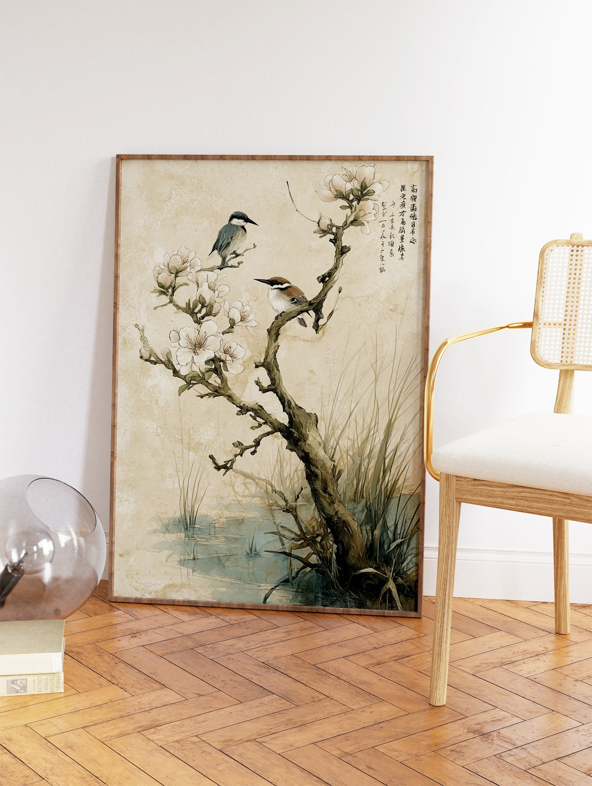 Asian bird and floral wall art print with two birds on a blossoming tree branch over a pond. - Image 2