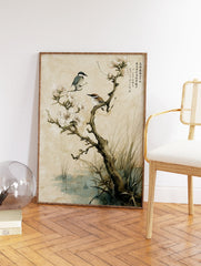 Asian bird and floral wall art print with two birds on a blossoming tree branch over a pond. - Image 2