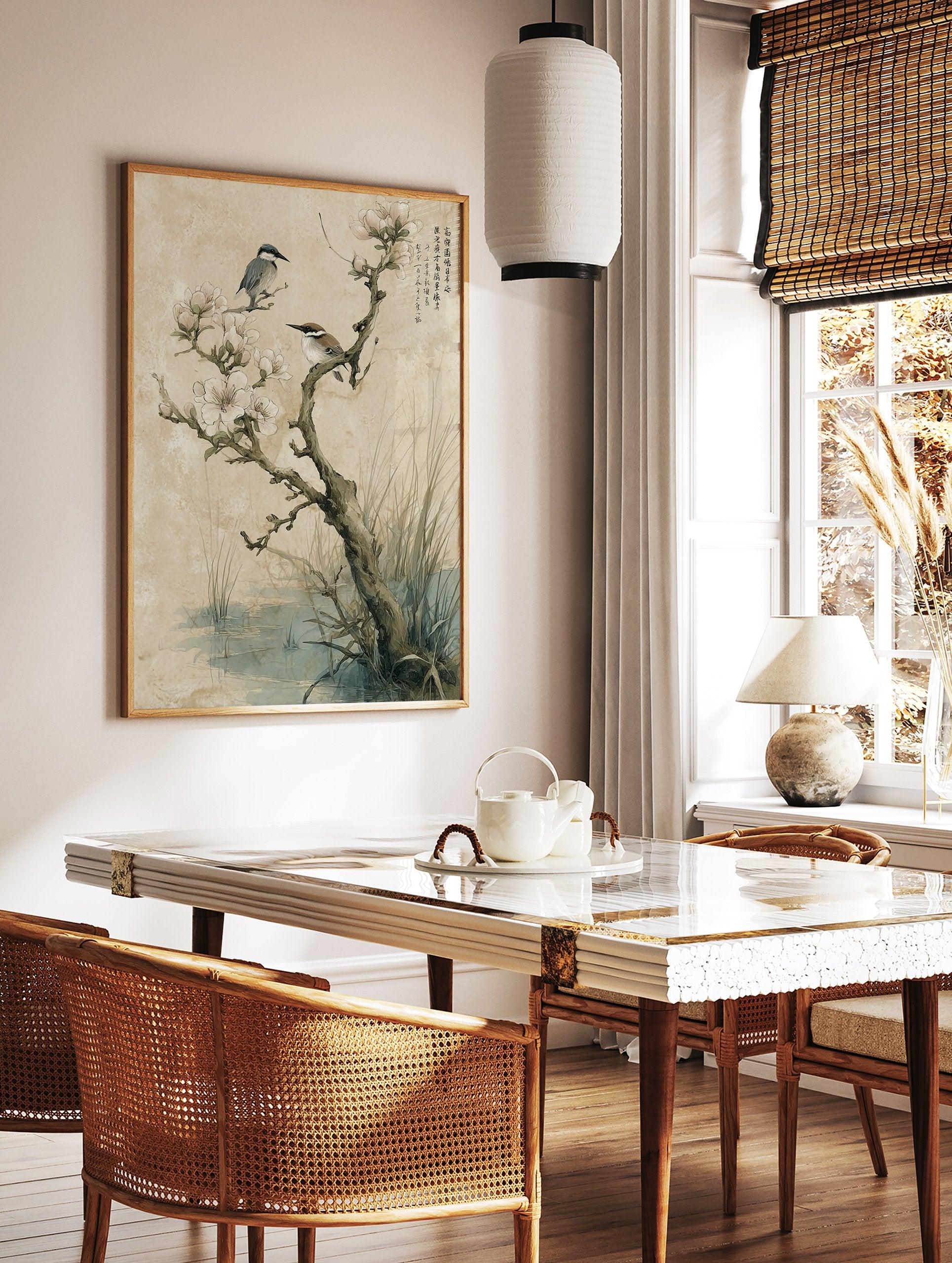 Asian bird and floral wall art print with two birds on a blossoming tree branch over a pond. - Image 3