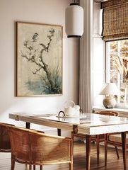 Asian bird and floral wall art print with two birds on a blossoming tree branch over a pond. - Image 3