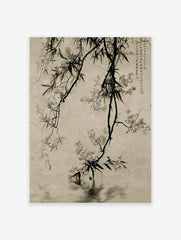 Asian botanical ink wash art print featuring dark branches with light flowers and leaves reflecting in calm water, with calligraphy.