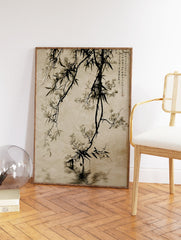 Asian botanical ink wash art print featuring dark branches with light flowers and leaves reflecting in calm water, with calligraphy. - Image 2