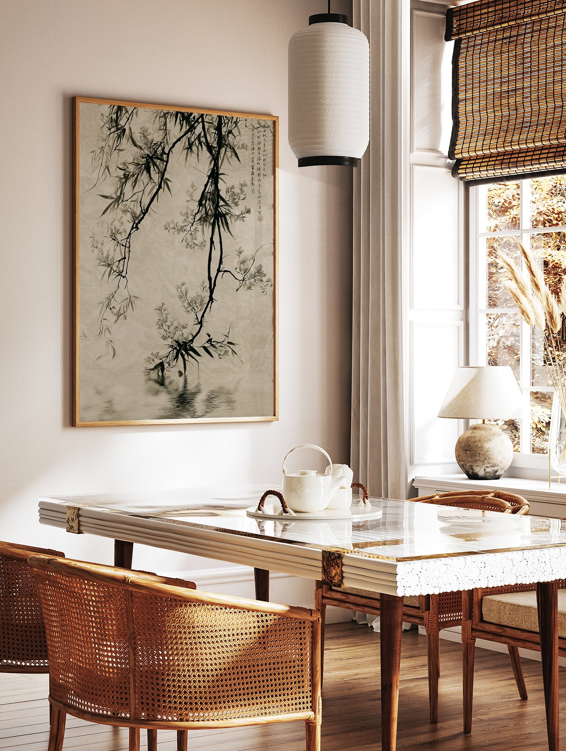 Asian botanical ink wash art print featuring dark branches with light flowers and leaves reflecting in calm water, with calligraphy. - Image 3