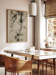 Asian botanical ink wash art print featuring dark branches with light flowers and leaves reflecting in calm water, with calligraphy. - Image 3