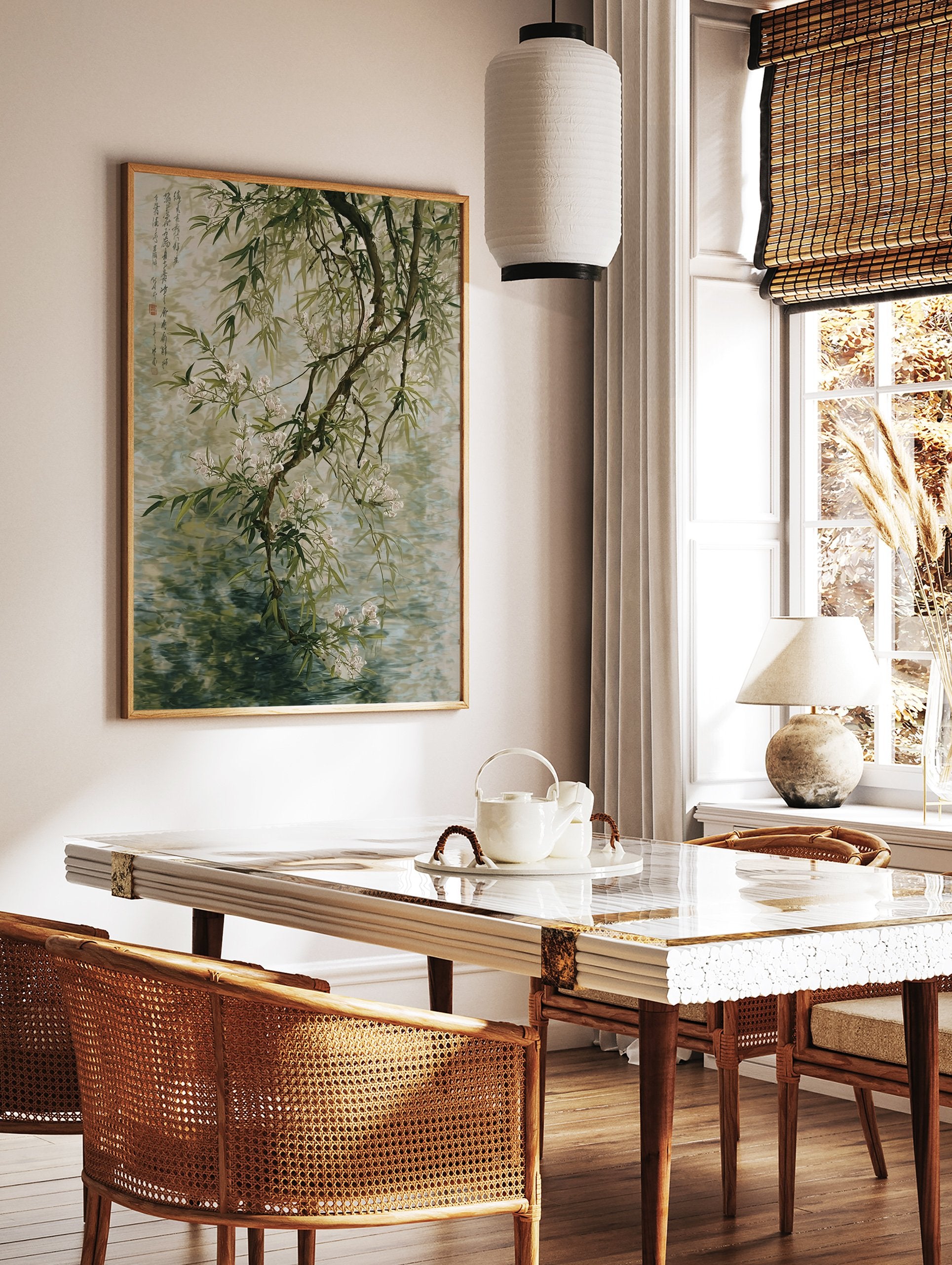 Asian botanical wall art featuring a branch with white flowers and green leaves over water with reflections and calligraphy. - Image 3