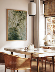 Asian botanical wall art featuring a branch with white flowers and green leaves over water with reflections and calligraphy. - Image 3