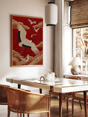 Asian Crane Poster with white cranes, golden clouds, and a red textured background in an embroidery style. - Image 2