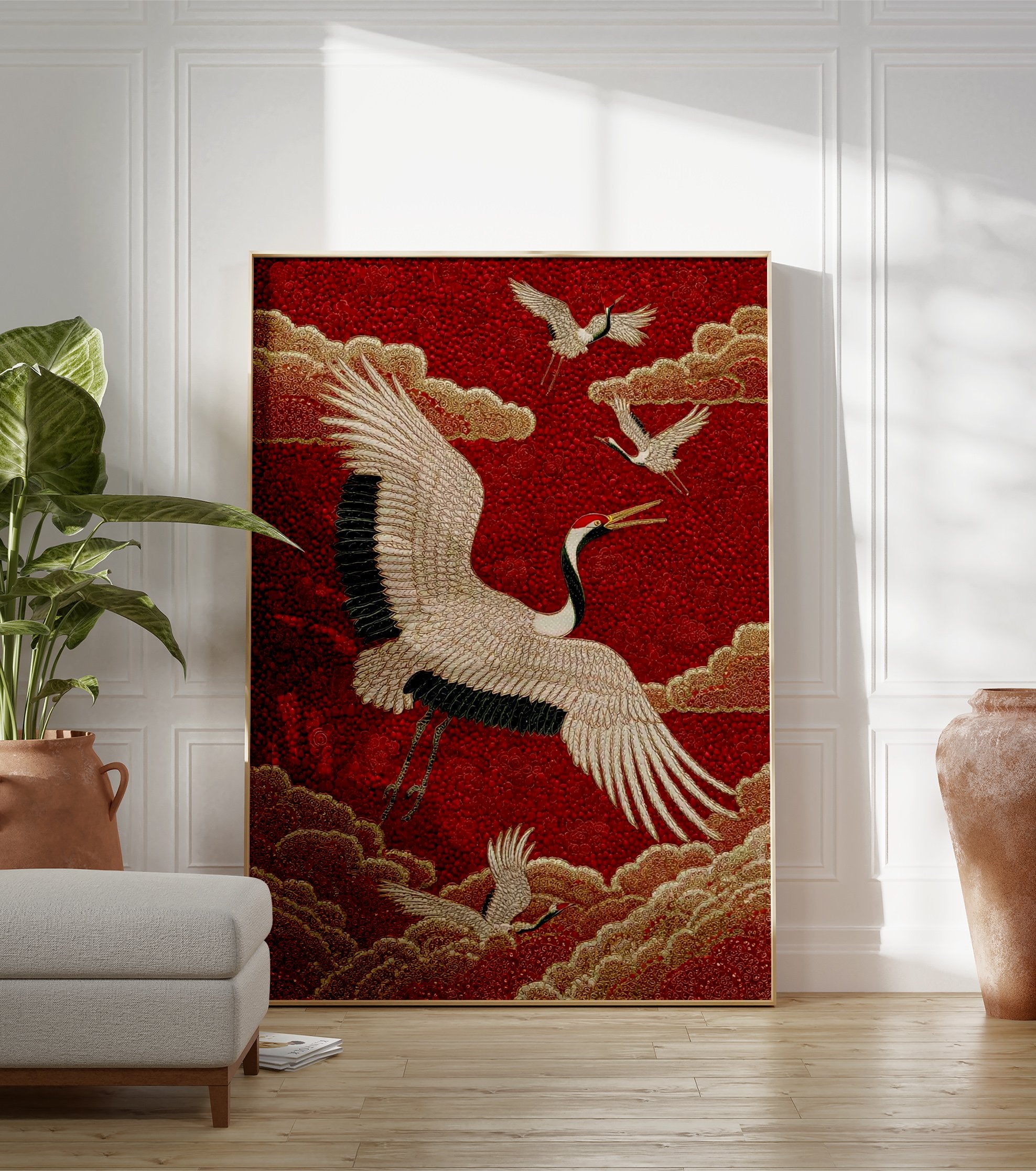 Asian Crane Poster with white cranes, golden clouds, and a red textured background in an embroidery style. - Image 3