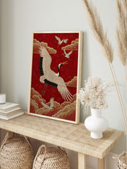 Asian Crane Poster with white cranes, golden clouds, and a red textured background in an embroidery style. - Image 4
